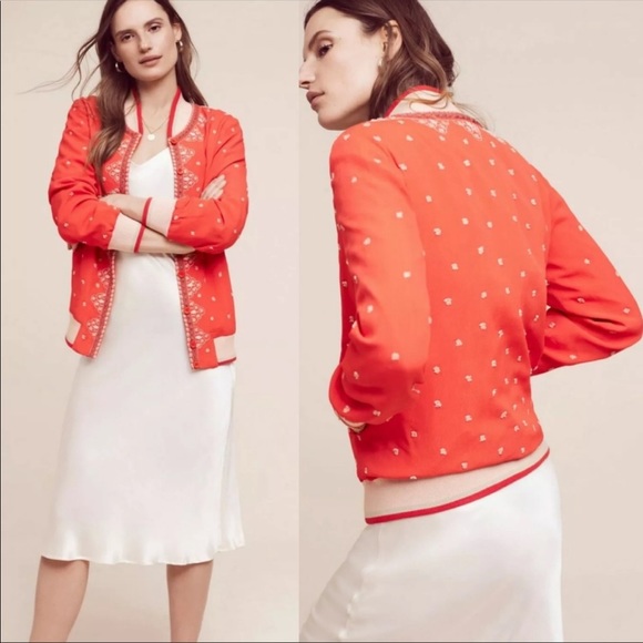 Anthropologie Conditions Apply Bomber Jacket Red Hand Stitched Size: L - Picture 2 of 7